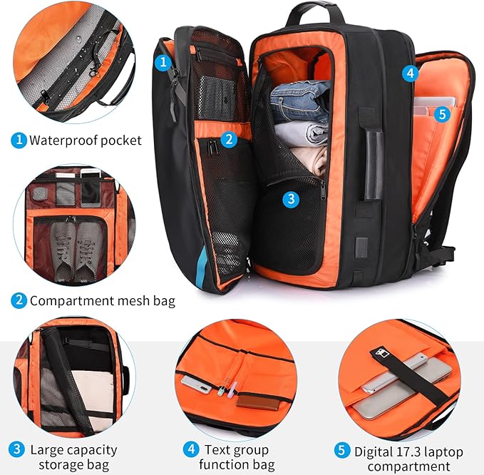 Travel Carry on Backpack, Extra Large Expandable 45L Backpack for Flight approved, 17.3" Laptop with USB Charging Port Backpacks, Water Resistant Computer Business Backpack for Men & Women