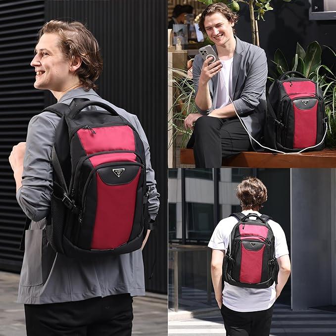 Laptop Travel Backpack with USB Charging Port, Anti-Theft Travel Business Backpack Fits 17 Inch Notebook, 30L Water-Resistant Work Computer Backpack, College School Bookbag for Men Women, Red/Black