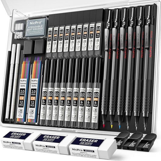 Nicpro 35PCS Black Metal Mechanical Pencils Set in Case, Art Drafting Pencil 0.5, 0.7, 0.9 mm & 3PCS 2mm Graphite Lead Holder for Drawing Sketching With 20 Tube Lead Refills(6B 4B 2B HB 2H 4H Colors)