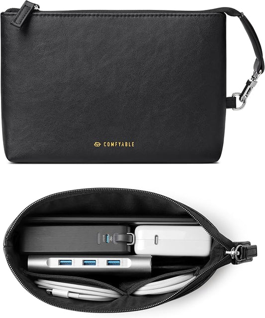 Comfyable Electronic Organizer Travel Case, Cord Storage Bag for Tech Accessories, Water-resistant Cable Organizer, Premium Leather Pouch for Charger, Phone, Cable, Mouse, Power Bank, Black