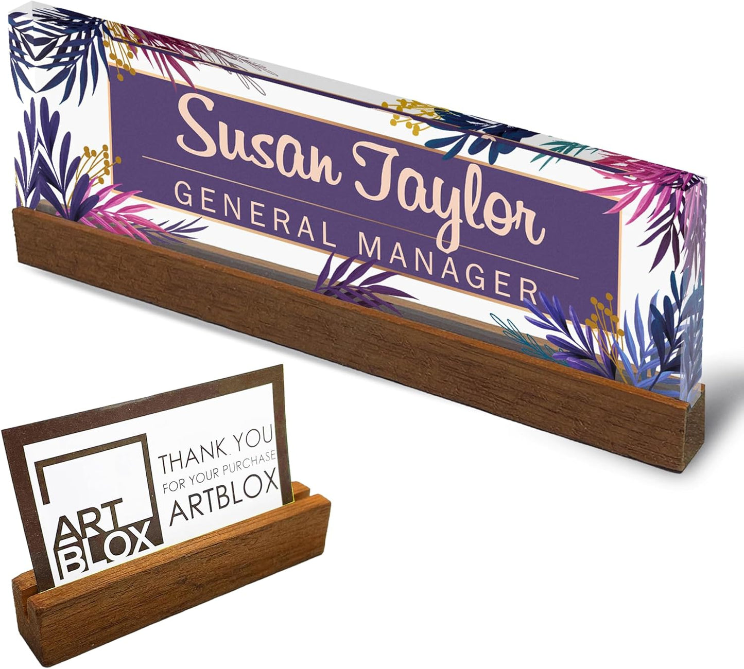 Artblox Personalized Office Desk Name Plate and Business Card Holder | Clear Acrylic Glass with Teak Wood Stand | Purple Leaf Design Customized with Your Name and Credentials Office Desk Decor