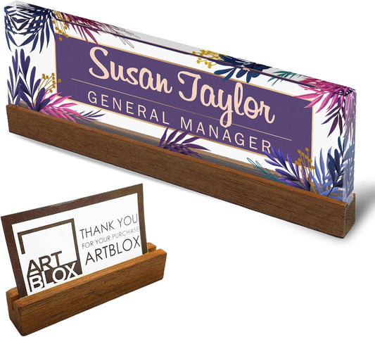 Artblox Personalized Office Desk Name Plate and Business Card Holder | Clear Acrylic Glass with Teak Wood Stand | Purple Leaf Design Customized with Your Name and Credentials Office Desk Decor