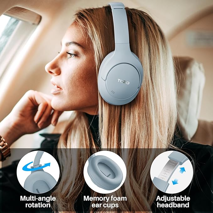 TOZO HT2 Hybrid Active Noise Cancelling Headphones, Wireless Over Ear Bluetooth Headset, 60H Playtime, Hi-Res Audio Custom EQ via App Deep Bass Comfort Fit Ear Cups, for Home Office Travel Blue
