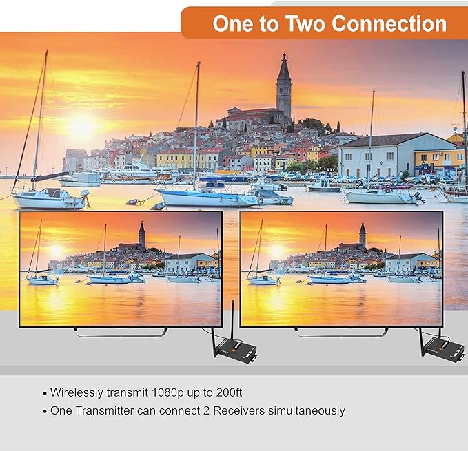 J-Tech Digital 1X2 Wireless HDMI Extender 200’ Dual Antenna Supporting Full HD 1080p with HDMI Loop Output Operation Channel Change IR Passthrough (Receiver + Transmitter 1080P 200ft)