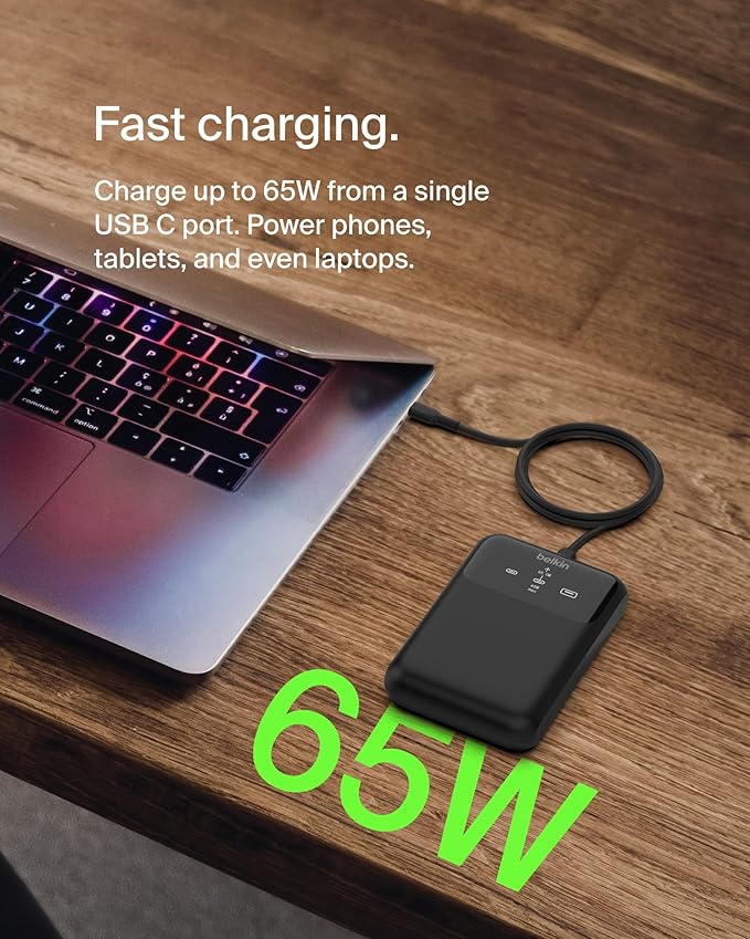 Belkin Portable Charger, 3-Port Laptop Power Bank 20000 mAh - USB-C & USB-A Ports, 65W iPhone Charger Fast Charging - MacBook, Apple iPhone 17, iPad, Samsung Galaxy S25, Nintendo Switch 2, etc - Black