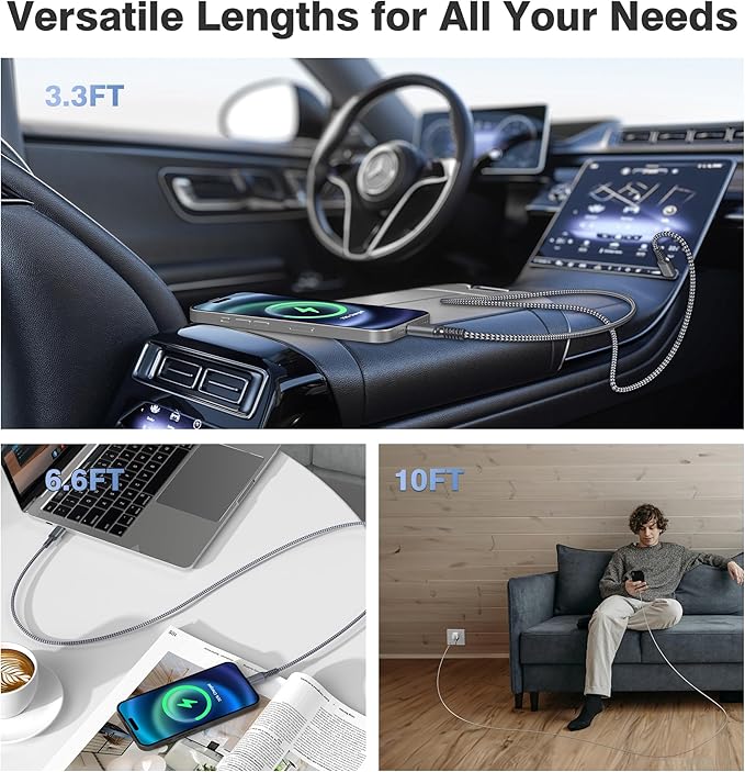 Elebase iPhone 17 Pro Max Charging Cord 3.3/6.6/10FT 3Pack,USB C to Type C,100W Fast Charger USBC Car Carplay Cable for Apple 15 16,AirPods 3,iPad Air 4 5,Mini 6,Samsung Galaxy Tab S10 S25 S24 Plus