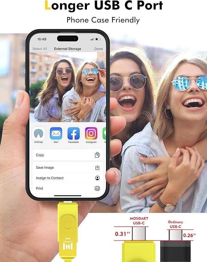 MOSDART 64GB USB3.1 Fast Speed C and A Dual Flash Drive, exFAT Memory Stick with Keychain and LED Indicator, for iPhone 15 and 16, Android Phone, iPad, MacBook, and Other Laptops,Yellow