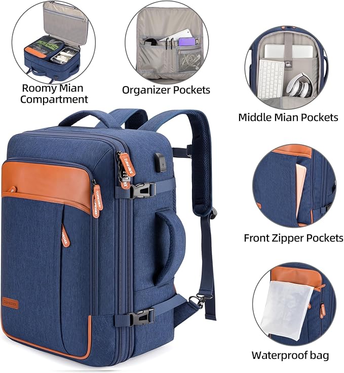 Travel Laptop Backpack,42L Carry on Luggage, Flight Approved Expandable Backpack,Business Anti Theft Weekender Bags for Women Men, Water Resistant Expandable Backpacks With 4 Packing Cubes