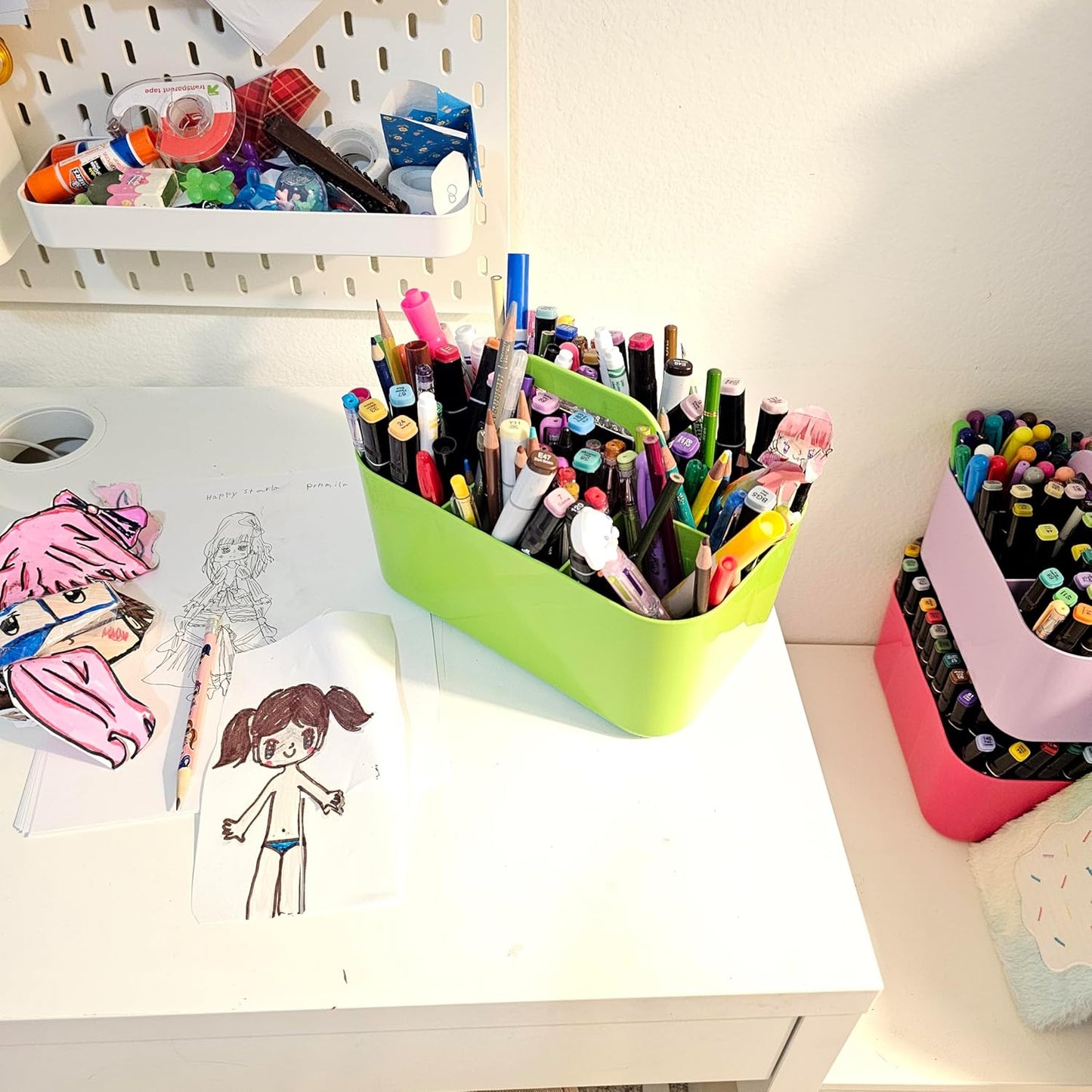 2 Pack Small 6 Compartment Multiuse Caddy Organizer with Handle Art Craft Supplies, Office, Desk, Stationery Pen Holder Stackable- Made In USA (Green)