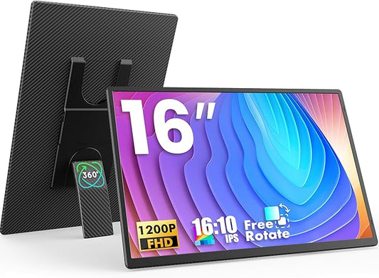 Portable Monitor, 16 Inch 1200P FHD, Horizontal and Vertical with Kickstand, Plug&Play, Built-in Speakers, Ultra-Thin Zero Frame,Travel Monitor for Laptop with Premium Smart Cover