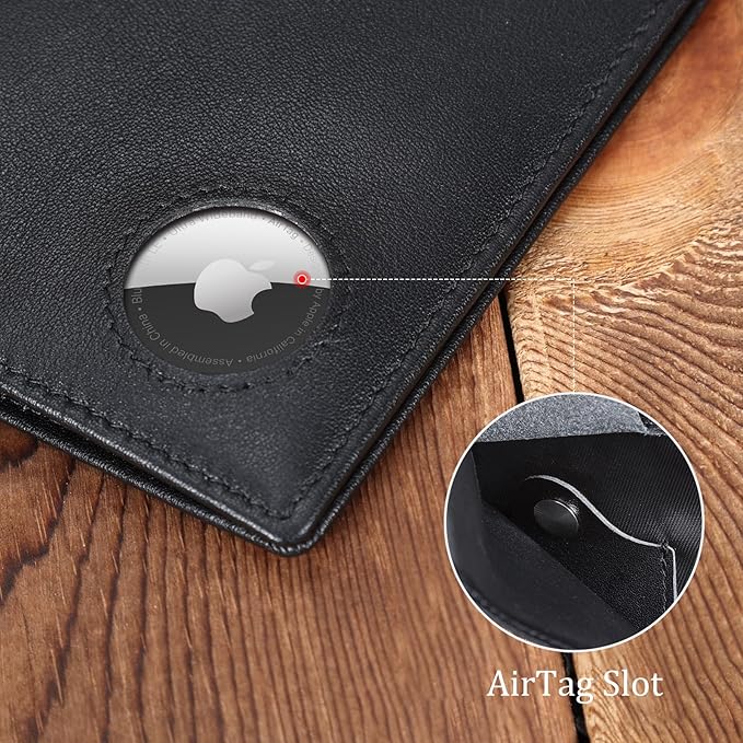 Polare Slim RFID Blocking Leather Passport Holder Travel Bifold Wallet For Men (Black with AirTag Holder)