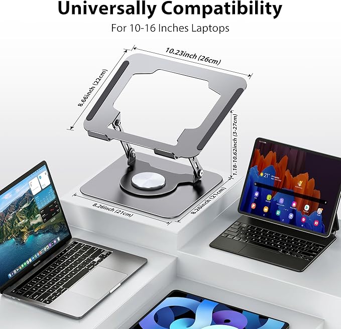 Laptop Stand, Adjustable Metal Computer Stand with 360° Rotating Base, Ergonomic Foldable Laptop Riser for Desk, Portable Laptop Stand Mount for All 10-16" Laptops and Notebooks, Space Gray