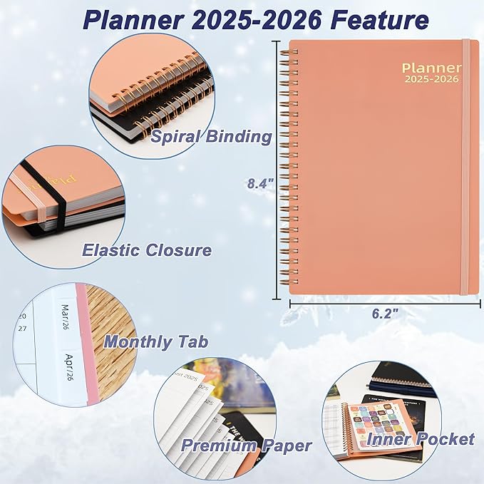 Day Planner 2025-2026, Jul.2025-Jun.2026, 6.2" x 8.4", 2025 Planner Weekly and Monthly, 2025 Agenda Planner with Tabs & Pocket, 100GSM Thick Paper, Pink