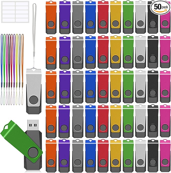 AGECASH USB 256MB Flash Drive 50 Pack USB 2.0 Thumb Drive Pack of 50 Jump Drive Multipack with Lanyard & Labels Memory Stick Bulk Flash Drives for Data Backup (50Pack Mixcolor 256MB)