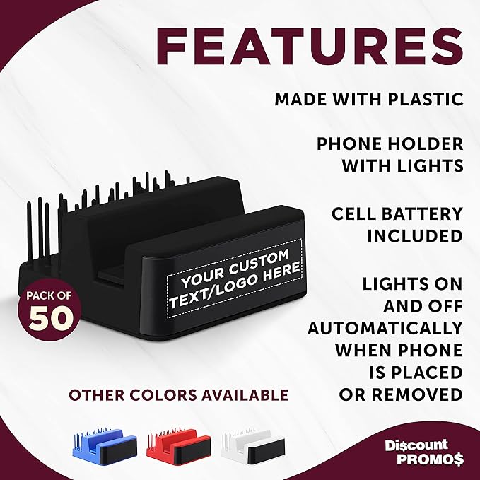 DISCOUNT PROMOS Custom Light Up Logo Phone Stands Set of 50, Personalized Bulk Pack - Essential Smartphone Accessory, Perfect for Office and Home - Black