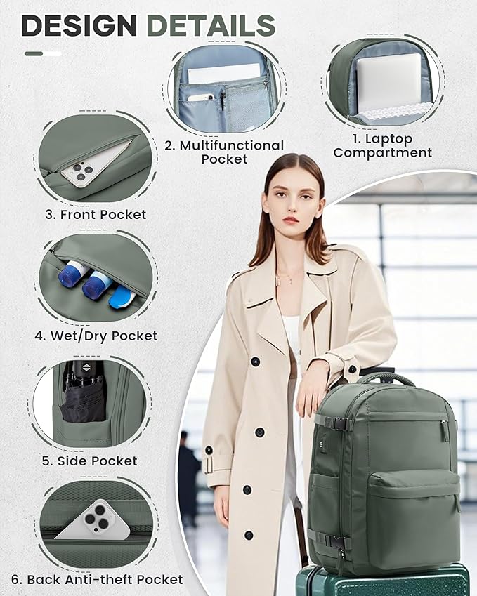 Vacuum Travel Backpack with Pump for Women,Personal Item Carry on Backpacks Flight Approved 18x14x8 inches for Men,Laptop Waterproof Work Compression bags Casual Daypack. Green