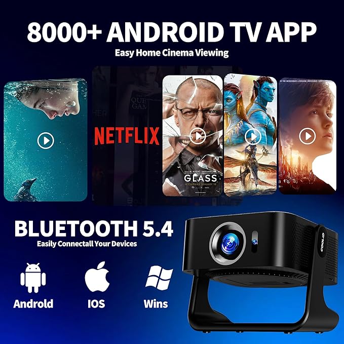 [Netflix-Licensed Projector] Projector 4K , 1080P Smart Mini Projector with WiFi & Bluetooth, Portable Outdoor Projector Auto Focus & Keystone, 270° Adjustable Stand for Home Movie Projector - Black