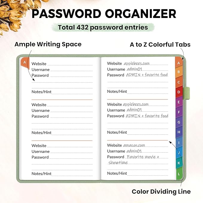 SUNEE Password Keeper Book with Colorful Alphabetical Tabs, Small Pocket Password Book for Internet Website Address Login, Gifts for Home and Office, 4''x 6''- Sage Green