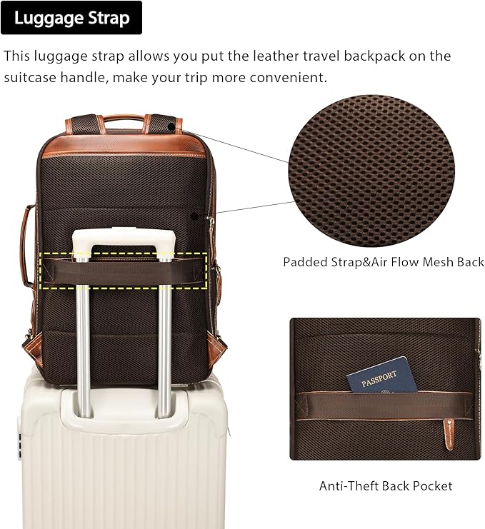 LANNSYNE Vegetable Tanned Leather Backpack for men, Expandable Leather Backpack Fits 15.6 Laptop, Tote Shoulder Travel Bag Rucksack