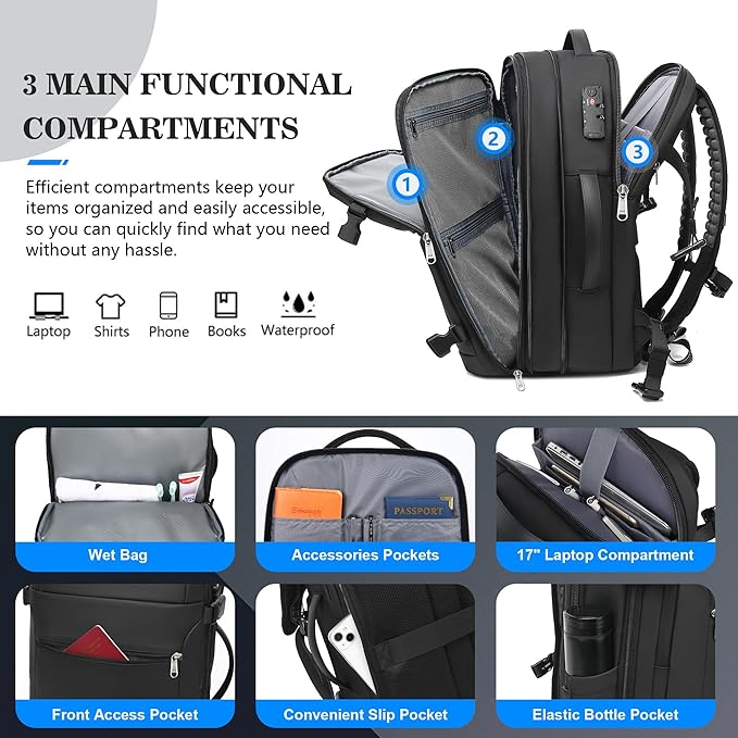 Vacuum Backpack Travel,60L Expandable Vacpack Backpack with Vacuum Pump, Water Resistant &TSA Lock, Easyvacpack Carry On Backpack Flight Approved Fits 17.3" Laptop, Black