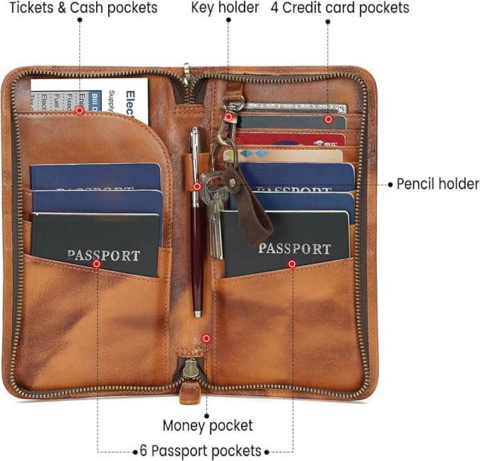 Polare Full Grain Leather Family Travel Passport Wallet and Documents Organizer RFID Blocking Case Holder Fits 6 Passports for Men and Women