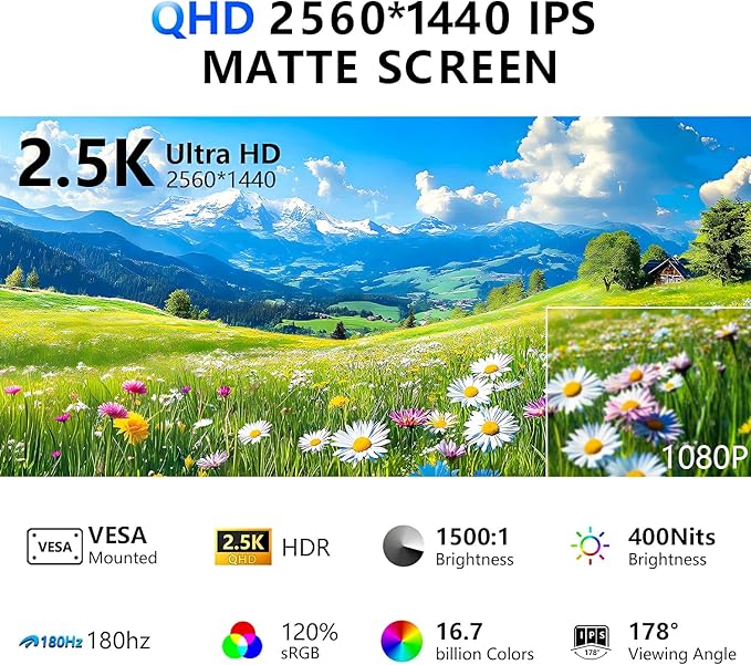 24” 2.5K 2560 * 1440 Portable Monitor 180Hz 120% sRGB USB-C HDMI Large Gaming Second Extender Display Monitor Adjustment Stand for MacBook Laptop,Camera,Desktop,PS5/4, Xbox, Switch,Phone