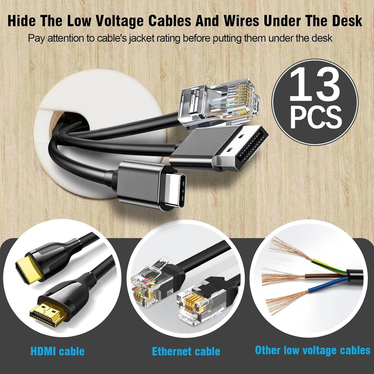 1-1/2" White Desk Grommet with Bi-Metal Hole Saw, JTemgle Plastic Cable Hole Cover Computer Table Cord Wire Organizer Caps, Desktop Cord Management for Home Office TV Stands Tabletops, 13 Pieces