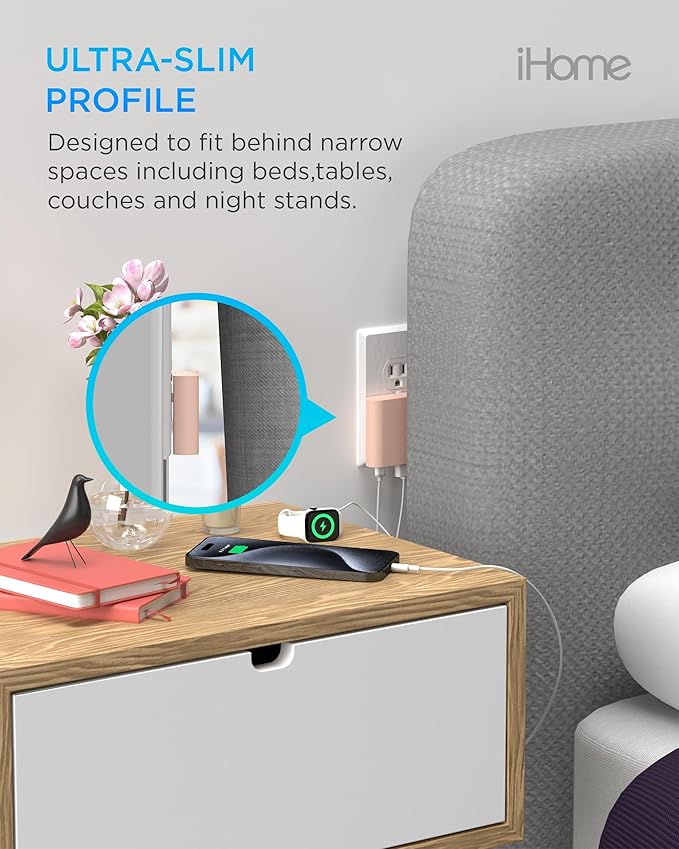 iHome 32W AC Pro Multi Port USB Wall Charger Block - Charging Station for Multiple Devices with 3 Ports (1 USB-C, 2 USB-A) - Fast Charging, Universal Compatibility (Pastel Pink)