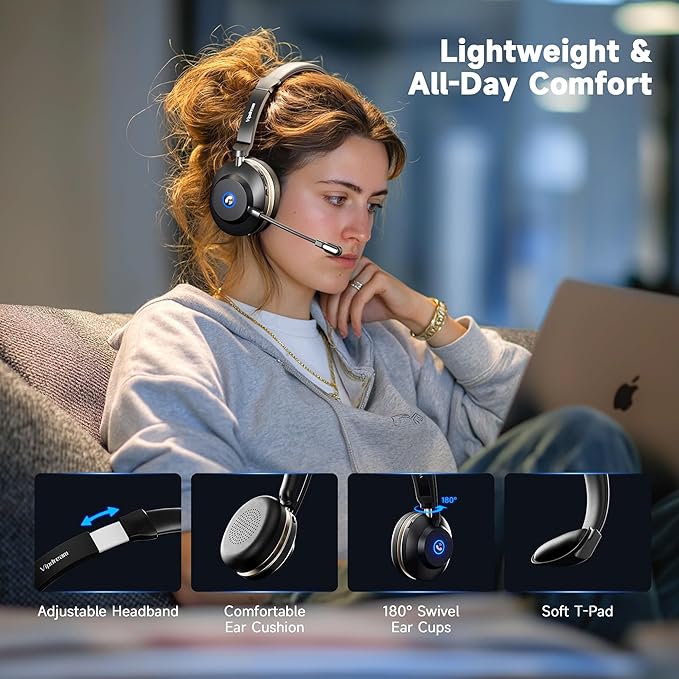 Wireless Headset with Mic for Work: 6.0 Bluetooth Headset with AI Noise Cancelling Mic,45 Hours Worktime & Mute Button, Headset with Microphone for Pc, iPhone,Computer,Remote Work,Office,Zoom, Skype