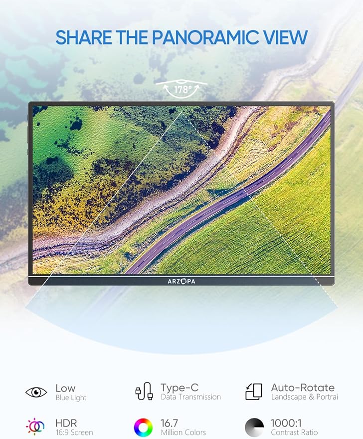 ARZOPA Portable Monitor Kickstand, 14.0" Ultra Slim Portable Laptop Monitor FHD 1080P External Display with Dual Speakers Second Screen for Laptop PC Phone Xbox PS4/5 Switch-A1S