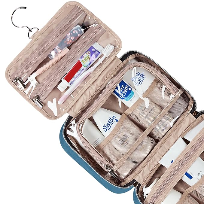 NISHEL Travel Toiletry Bag for women, Portable Hanging Organizer for Travel-Sized Shampoo, Conditioner, Brushes Set, Makeup Accessories, Medium Size, Lake-Blue