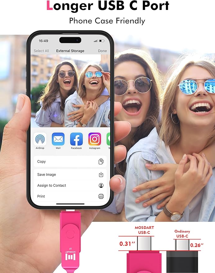 MOSDART 1TB USB3.1 Fast Speed C and A Dual Flash Drive, exFAT Memory Stick with Keychain and LED Indicator, for iPhone 15 and 16, Android Phone, iPad, MacBook, and Other Laptops, Hot Pink