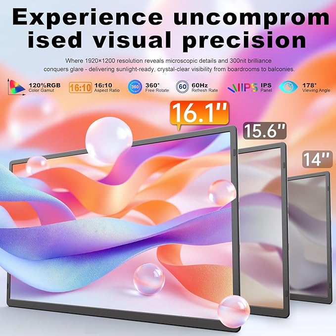 domyfan 16.1'' Laptop Screen Extender, 360° Rotating Detachable Stand/VESA Support, FHD 1200P IPS Portable Monitor, Plug & Play with HDMI/USB-A/Type-C, Compatible Win/Mac/Android