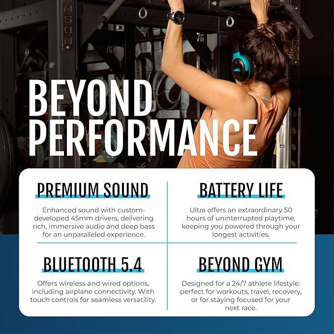 RIPT Ultra Over-Ear Sport Headphones, Active Noise Cancellation and Transparency Mode, 50-Hour Battery Life, 2 Sets of Cushions, Sweat-Proof Silicone and Leatherette, Premium Sound, Waterproof