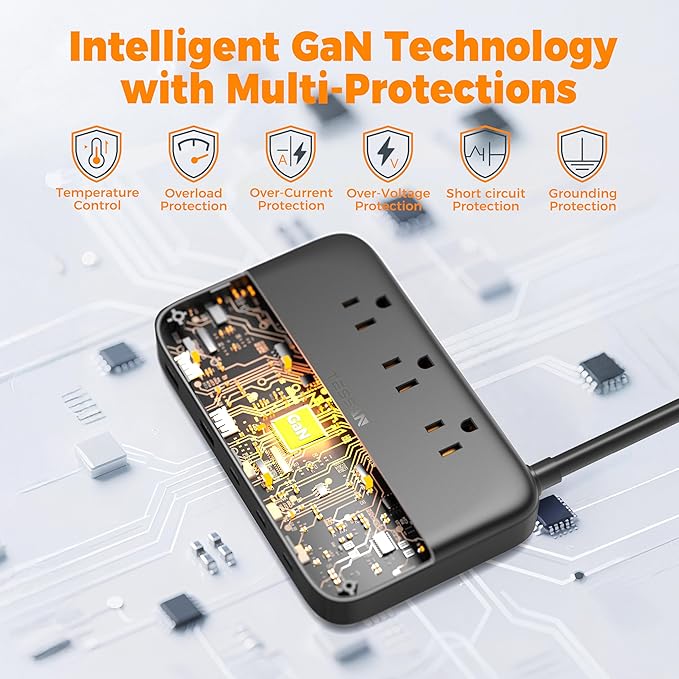 PD 130W Charging Station for Multiple Devices, TESSAN 8-in-1 USB C Charger Block Compatible with iPhone 16/15, MacBook, Tablet, Charging Dock with 3 USB-C, 2 USB-A & 3 AC, Home Office Accessories