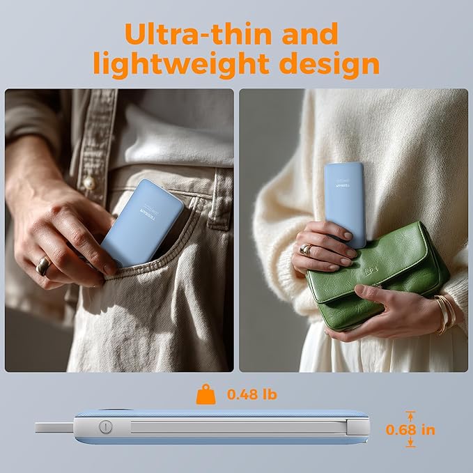 TESSAN Portable Charger with Built in Cables, 10000mAh Power Bank Fast Charging with Foldable AC Plug, 20W Compact Battery Pack Travel Essentials for iPhone 16/15 Series, Samsung, Tablets, Blue