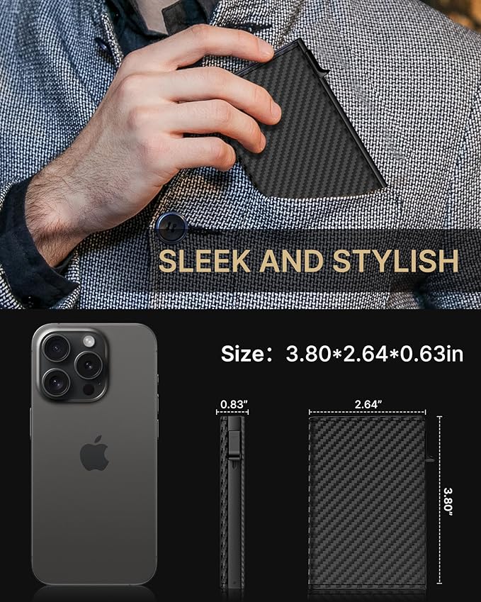 typecase Mens Wallet Card Holder: Pop Up Aluminum Case, Carbon Fiber Leather, Smart, RFID Blocking, Slim, Minimalist, Front Pocket - 9-14 Card Capacity | ID Window | Cash Slot (Orange)