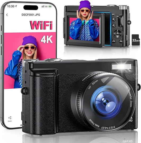 4K Digital Camera for Photography, WiFi 64MP 180° Flip Screen 3" Autofocus Vlogging Camera for YouTube, 16X Zoom Compact Point and Shoot Cameras for Beginner with 32GB Card, 2 Batteries
