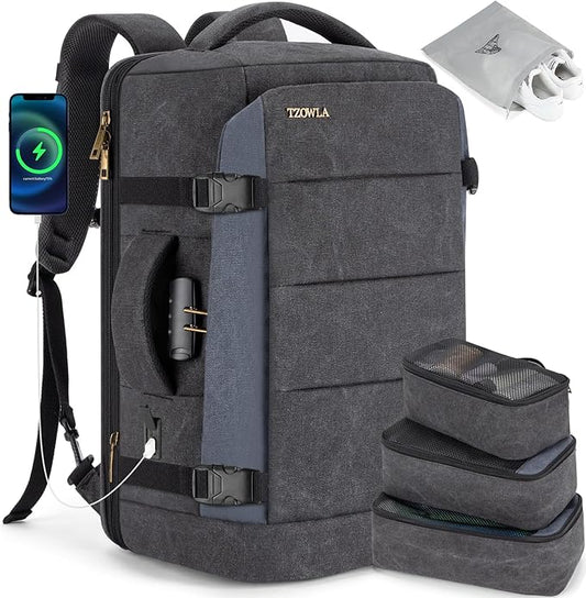 Tzowla 40L Canvas Travel Laptop Backpack for Men Women Carry on Flight Approved,Large Capacity Anti Theft Backpacks with USB Port,Vintage Business Rucksack Bag Fit 17.3 Inch Laptop(Black & Navy Blue)