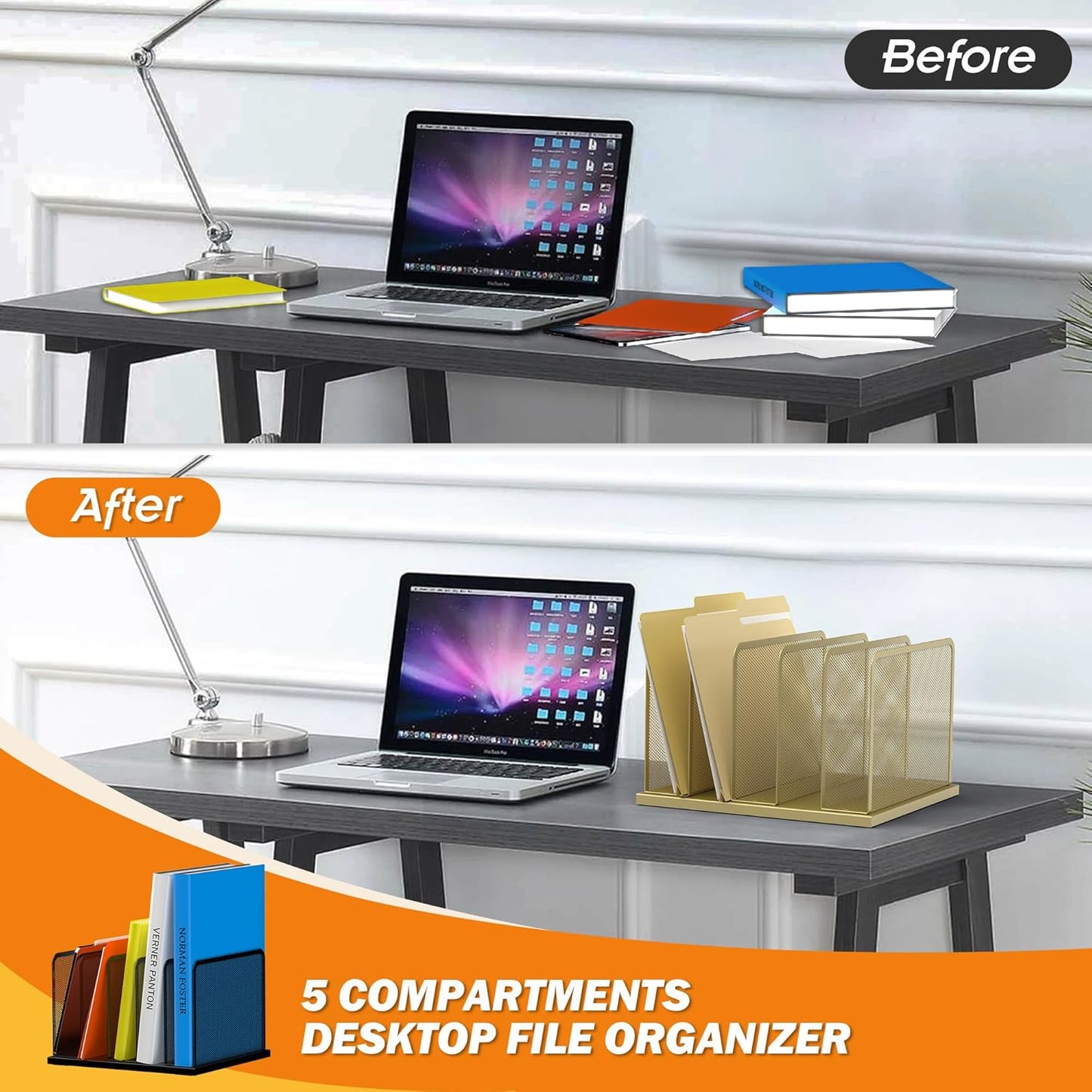 Kuntine.B Desk File Organizer Upright Mesh Desktop Organizer File Sorter Office Organization File Holder for Home, Office & Classroom (Gold, 1 Pack 5-Section)