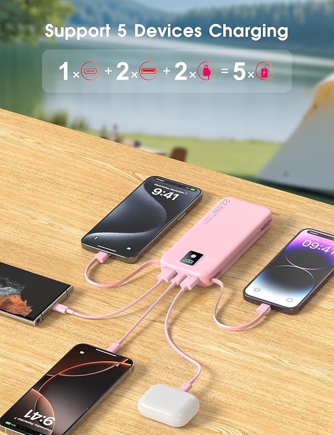 Portable Charger, 12000mAh 22.5W Fast Charging Power Bank with Built-in Cables & Wall Plug, Travel Essential Battery Pack with LED Display, USB C Battery Phone Charger for iPhone, iPad, Samsung Pink