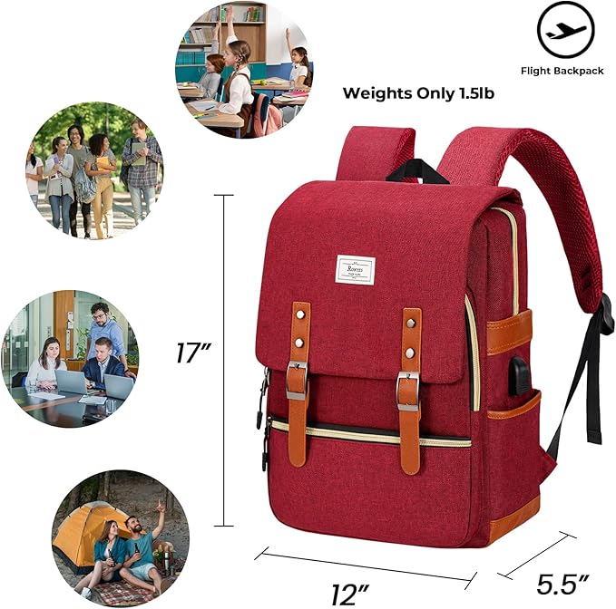 Ronyes Vintage Laptop Backpack for Women Men,15.6 inch Bookbag Casual Daypack with USB Charging Port for College Work, Red Backpacks