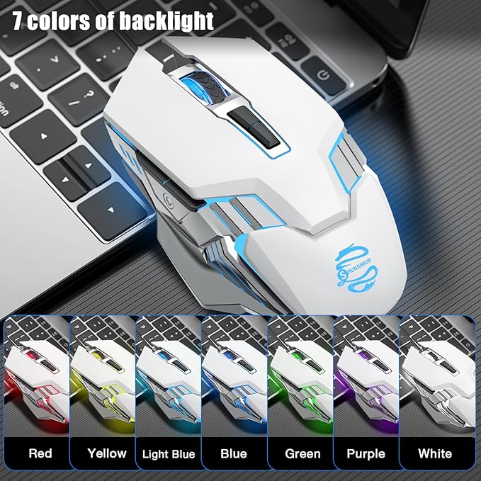 White Wireless Gaming Mouse Bluetooth Mouse with 3-Modes(BT5.0+BT3.0+2.4GHz), Rechargeable, RGB Backlit, Silent Click Computer Mouse for Laptop, PC, Macbook, iPad, Tablet, Chromebook, Games, Office