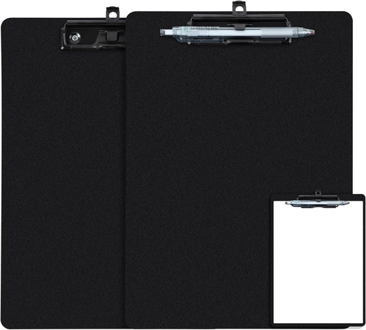 Black Clipboard with Pen Holder, 2 Pack Plastic Clipboard with Low Profile Metal Clip, Hanging Clip Boards Holds 8.5x11 Inch Papers, Standard A4 Letter Size Clip Boards for Offices & School