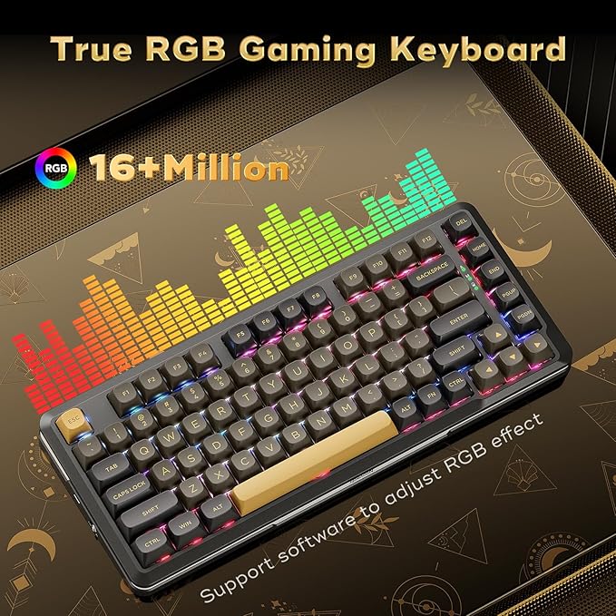 Redragon K738 Wireless Mechanical Keyboard, Gasket Mounted RGB Gaming Keyboard, 3-Mode (2.4G/BT/USB), Pre-lubed Linear Switches, 75％ Layout, 82 Keys Hot Swappable for PC/Mac - Black Gold