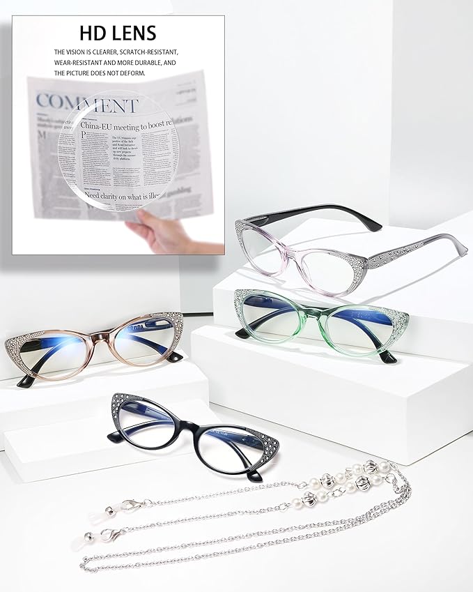 EYEURL Cat Eye Reading Glasses for Women - Blue Light Blocking 4 Pack Ladies Fashion Readers with Flexible Spring Hinges, Anti-Glare&UV Rays +3.0 Eyeglasses, Black/Brown/Green/Purple
