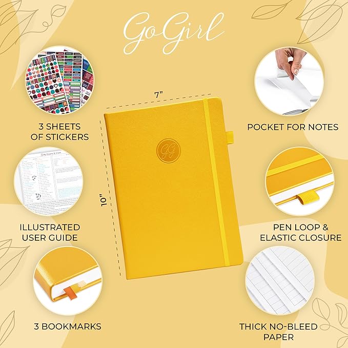 GoGirl Planner PRO Schedule - Undated Planner with Hourly Time Slots, Monthly, Weekly & Daily Organizer, Appointment Book for time Management, 7"x10" Hardcover, Lasts 1 Year - Amber Yellow