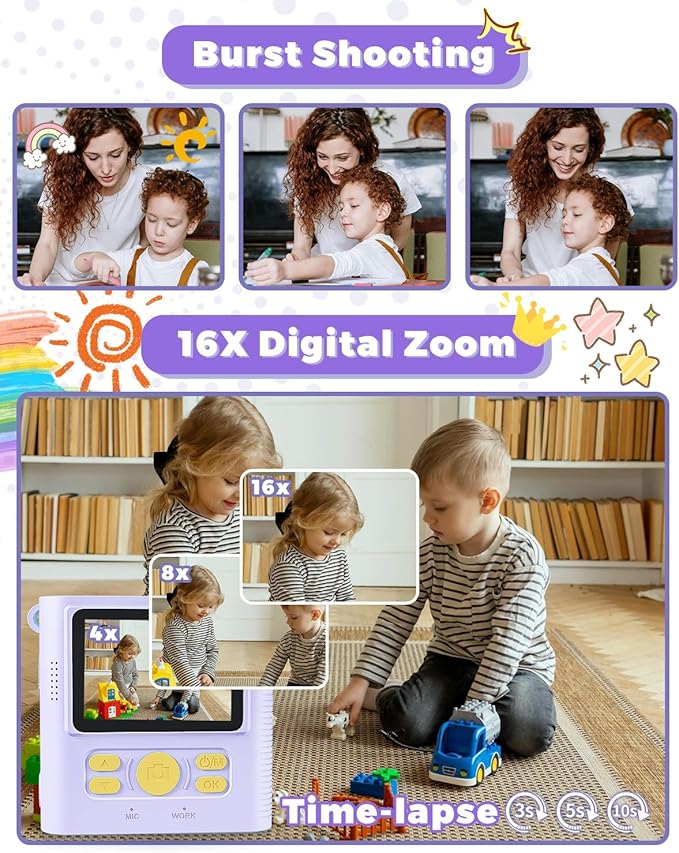 Kids Camera Instant Print, Christmas Birthday Gifts Girls Boys Aged 3-12, HD Digital Video Cameras Toddler, Instant Cameras for 3 4 5 6 7 8 9 10 Year Old Girls Boys with Print Paper