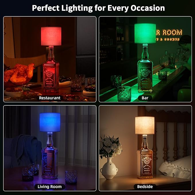 Wireless Wine Bottle Lamp Shade: Liquor Bottle Stopper Light with Remote Control Dimmable Cordless Portable Rechargeable Led Battery Operated Whiskey Bottle Lampshade for Bedside Bedroom Bar Decor