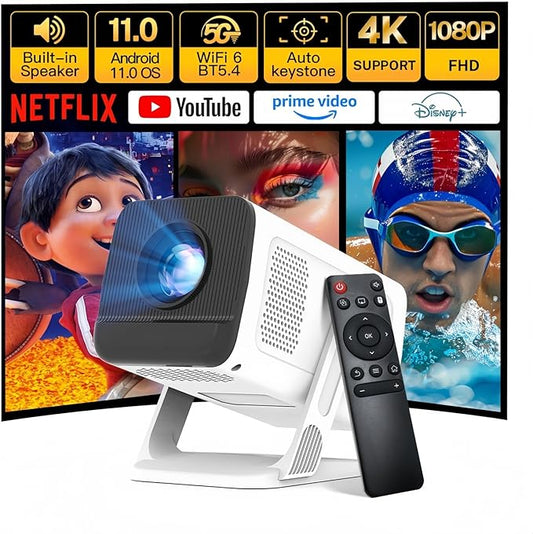 Mini Projector 1080P 4K Support with WiFi 6 and Bluetooth 5.4 Built-in Apps TV Android 11 Auto Keystone Outdoor Portable Projector Compatible with iOS/HDMI/TV Stick VisualCube 300